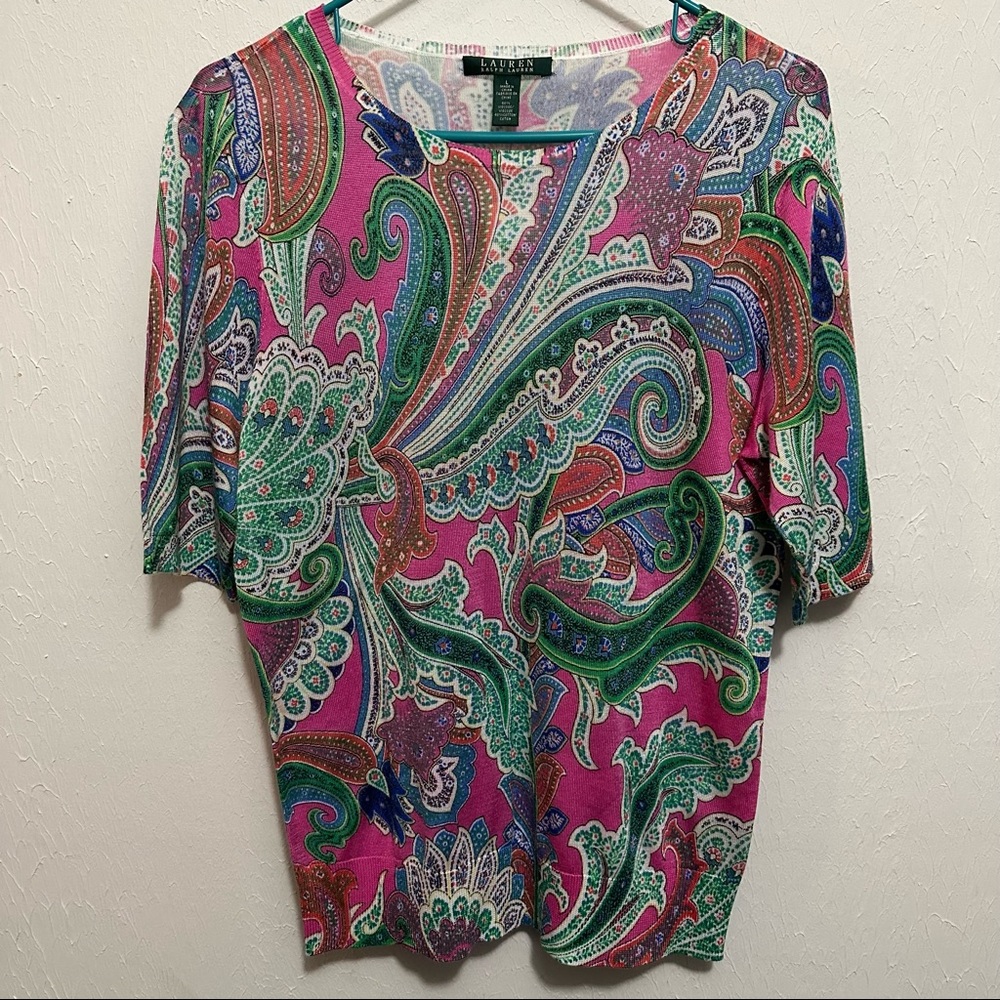 NWT Ralph Lauren Womens Sz L Pink Paisley Top
